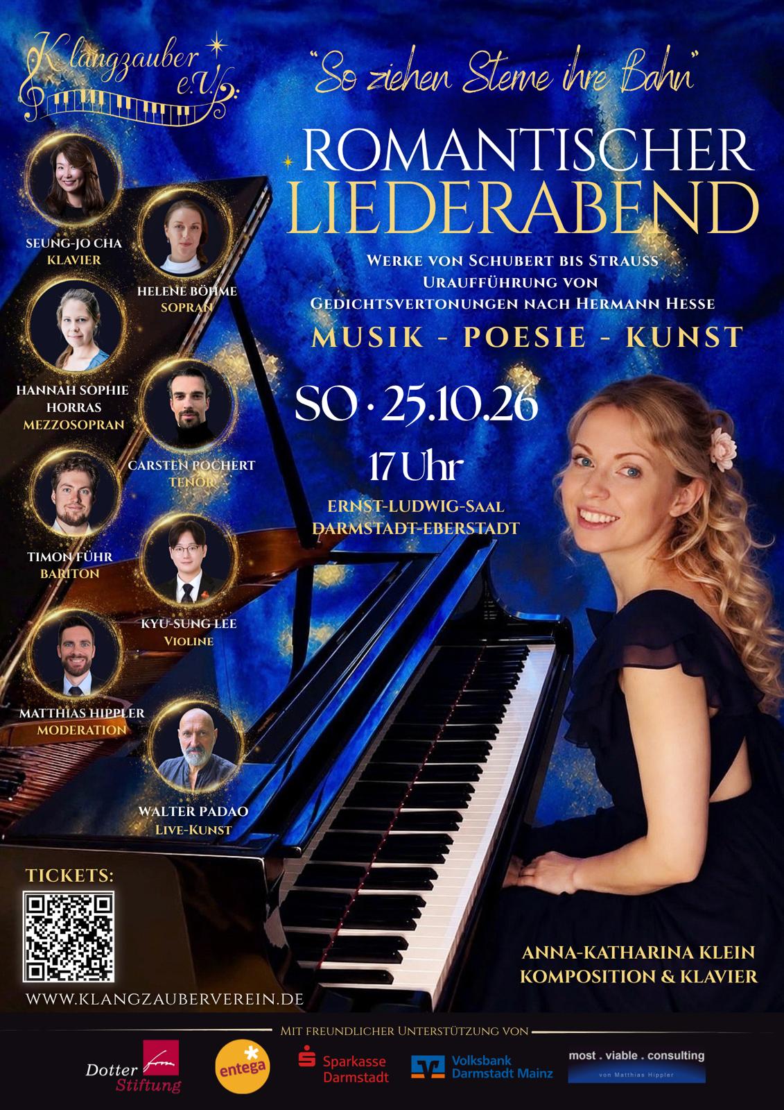 Plakat zum romantischen Liederabend „So ziehen Sterne ihre Bahn“ am 25. Oktober 2026 im Ernst-Ludwig-Saal Darmstadt-Eberstadt
